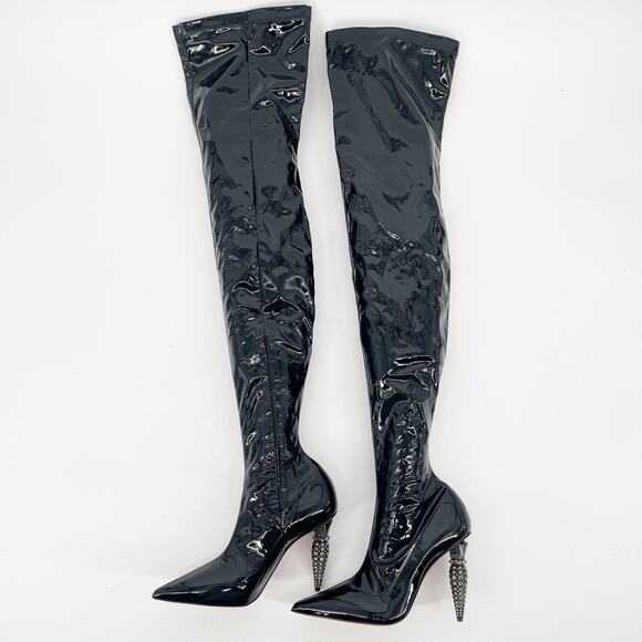 NWOB Christian Louboutin Lipstrass Black Patent Leather Thigh High Boots EU 38.5 - Picture 1 of 11